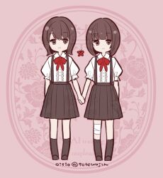  2girls aged_down amakura_mayu amakura_mio arm_at_side artist_name bandaged_leg bandages black_shoes black_skirt black_socks blunt_bangs bob_cut bow bowtie brown_eyes brown_hair bug butterfly closed_mouth collared_shirt commentary_request fatal_frame fatal_frame_ii:_crimson_butterfly floral_background frilled_sleeves frills full_body holding_hands kneehighs light_smile looking_at_viewer multiple_girls oisiso pink_background pleated_skirt puffy_short_sleeves puffy_sleeves red_bow red_bowtie red_butterfly shirt shoes short_hair short_sleeves siblings sisters skirt socks standing suspender_skirt suspenders twins twitter_username watermark white_shirt 