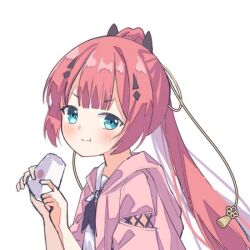  1girl :t blue_eyes blunt_bangs blush closed_mouth commentary_request eating fake_horns food from_side hair_ornament hairclip hands_up holding holding_food horns japanese_clothes kamiyama_shiki kimono kk0220 long_hair looking_at_viewer onigiri open_clothes open_kimono pink_kimono ponytail red_hair school_uniform shirt sidelocks simple_background smug solo summer_pockets summer_pockets_school_uniform tassel tassel_hair_ornament upper_body v-shaped_eyebrows very_long_hair white_background white_shirt 