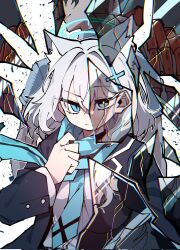  1boy 1girl animal_ear_fluff animal_ears black_hair blue_archive blue_eyes blue_halo blue_necktie blue_scarf bright_pupils commentary_request cross_hair_ornament extra_ears glass_shard grey_hair hair_ornament halo haluu0813 highres korean_commentary long_hair looking_at_viewer mismatched_pupils necktie scarf sensei_(blue_archive) shiroko_(blue_archive) shiroko_terror_(blue_archive) shirt upper_body white_pupils white_shirt wolf_ears 