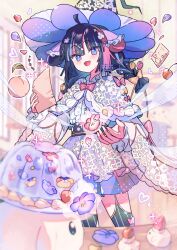  1girl :d ahoge black_hair black_thighhighs blue_streaks blunt_bangs blush braid cherry commentary cowboy_shot dress flower food fruit hat highres holding holding_paper layered_sleeves long_hair long_sleeves looking_at_viewer multicolored_hair open_mouth original paper peach petals pink_flower pink_streaks pink_tulip purple_hat short_dress smile solo streaked_hair striped_clothes striped_thighhighs thigh-highs tsukumi_bis tulip untranslatable_commentary vertical-striped_clothes vertical-striped_thighhighs white_dress wide_sleeves witch_hat yellow_flower yellow_tulip 