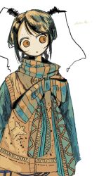  1girl braid brown_eyes brown_hair closed_mouth coat commentary cowboy_shot expressionless head_tilt highres izayoi_(i34i22w) long_sleeves looking_at_viewer no_nose original scarf short_hair solo standing star_(symbol) star_print twin_braids untranslatable_commentary white_background 