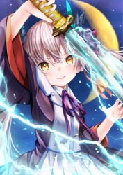  1girl absurdres arm_up aura blunt_bangs blunt_ends blush collared_shirt commentary cowboy_shot crescent_moon energy fake_horns fighting_stance fingernails glowing glowing_eyes grey_hair hand_up heaven_burns_red highres holding holding_sword holding_weapon horns katana light_particles long_hair long_sleeves longtail0615 looking_at_viewer moon neck_ribbon night ogasahara_hisame open_clothes open_mouth open_robe outdoors pleated_skirt purple_ribbon red_pupils ribbon robe shirt sidelocks skirt solo sword twintails v-shaped_eyebrows very_long_hair weapon white_shirt white_skirt wide_sleeves yellow_eyes 