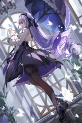  1girl absurdres alt_text black_shoes black_thighhighs breasts bug butterfly closed_mouth clothing_cutout commentary dress drill_hair english_commentary frilled_dress frills from_below from_side headdress high_heels highres holding holding_umbrella indoors libero_art light_particles long_hair long_sleeves medium_breasts purple_hair red_eyes revision shoes side_cutout sideboob solo spotlight thigh-highs umbrella vivian_banshee watermark zenless_zone_zero 