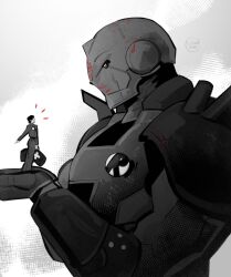  1girl absolute_batman absolute_dc blood blood_on_face dc_comics dick_grayson flyingdidii highres joints mecha mobile_suit monochrome robin_(dc) robot robot_joints super_robot 