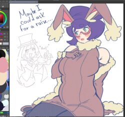  2girls andrich_galam animal_ears big_hair black_pantyhose blush breasts brown_coat brown_gloves brown_shoes brown_sweater coat collarbone commentary cosplay elbow_gloves english_commentary fake_animal_ears fur-trimmed_coat fur_collar fur_cuffs fur_trim glasses gloves green_eyes hat high_heels large_breasts long_hair lop_rabbit_ears lopunny lopunny_(cosplay) lusamine_(pokemon) mature_female multiple_girls open_clothes open_coat pantyhose pink-framed_eyewear pokemon pokemon_sun_and_moon purple_hair rabbit_ears rabbit_tail ribbed_sweater semi-rimless_eyewear shoes short_hair sleeveless sleeveless_sweater solo_focus sweater tail tailcoat top_hat wicke_(pokemon) 