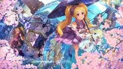  1girl blonde_hair card_commentary cherry_blossoms closed_mouth commentary_request detached_sleeves different_reflection emily_stewart game_cg hakozaki_serika holding holding_umbrella idolmaster idolmaster_million_live! idolmaster_million_live!_theater_days junior_(idolmaster) long_hair multiple_views official_alternate_costume official_art oil-paper_umbrella purple_skirt purple_sleeves reflection reflective_liquid shiraishi_tsumugi skirt sleeveless smile solo_focus standing third-party_source tokugawa_matsuri twintails umbrella violet_eyes walking water 