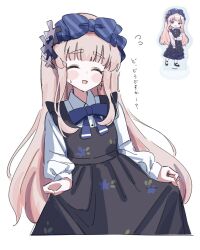  1girl blonde_hair blue_bow blue_bowtie blush bow bowtie closed_eyes clothes_lift hair_ornament hikami_meruru hime_cut long_hair mahou_shoujo_no_majo_saiban open_mouth skirt skirt_lift smile striped_bow striped_bowtie striped_clothes tama_sakura x_hair_ornament 