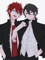  2boys 32o amagi_rinne black_hair black_jacket black_pants blue_eyes closed_mouth commentary_request cowboy_shot ear_piercing earrings elbow_on_another's_shoulder elbow_rest ensemble_stars! gakuran hair_between_eyes hand_in_pocket hands_in_pockets highres jacket jacket_on_shoulders jewelry male_focus medium_hair multiple_boys necklace open_clothes open_mouth open_shirt pants piercing red_eyes red_hair sakuma_rei_(ensemble_stars!) school_uniform shirt short_hair simple_background sleeves_rolled_up smile stud_earrings teeth tongue tongue_out undershirt upper_teeth_only white_background white_shirt 