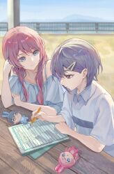  2girls alternate_costume bang_dream! bang_dream!_it's_mygo!!!!! blacky1266859 blue_eyes blurry blurry_background chihaya_anon commentary doll grey_hair highres long_hair looking_at_viewer multiple_girls notebook outdoors pencil pink_hair red_eyes shirt short_hair sitting table takamatsu_tomori 