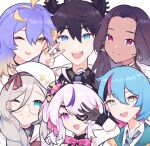  3boys 3girls aia_amare aster_arcadia black_hair blonde_hair blue_eyes blue_hair dark-skinned_female dark_skin grey_hair highres horns hyuni_(hyunicat) iluna_(nijisanji) kyo_kaneko maria_marionette multiple_boys multiple_girls nijisanji nijisanji_en pink_eyes pink_hair purple_hair red_eyes ren_zotto scarle_yonaguni sharp_teeth teeth virtual_youtuber yellow_eyes 