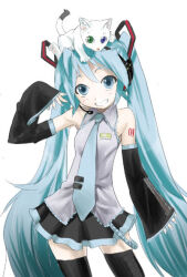  animal_on_head artist_request bare_shoulders belt black_skirt black_sleeves black_thighhighs blue_eyes blue_hair blue_necktie blush blush_stickers cat cat_on_head clenched_teeth collar colored_eyebrows cowboy_shot detached_sleeves frilled_shirt frills grey_shirt hands_up hatsune_miku headset heterochromia long_hair looking_at_viewer necktie number_tattoo on_head shirt single_sleeve_past_wrist skirt smile square_hair_ornament standing tattoo teeth thigh-highs third-party_source two-tone_skirt vocaloid white_background white_cat zettai_ryouiki 