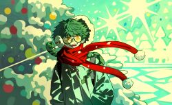  absurdres chaojufei character_request christmas_ornaments commentary_request glasses green_hair hands_in_pockets highres hijinrui_gakuen open_mouth red_scarf round_eyewear scarf sharp_teeth short_hair slit_pupils snake snow teeth 