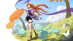  1girl absurdres asymmetrical_gloves black_shorts blue_sky braid braided_sidelocks commentary day english_commentary fingerless_gloves gloves highres jacket long_hair multicolored_jacket multiple_braids navel open_mouth orange_hair outdoors outstretched_arm pointing pointing_forward purple_jacket sandals shorts sidelocks sigrika_(wuthering_waves) sky smile soliskin_(wuthering_waves) solo two-tone_jacket uneven_gloves veil white_gloves white_jacket white_veil wuthering_waves zienu 