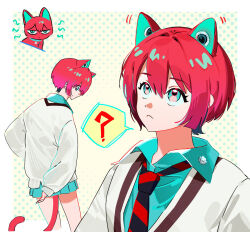  1girl ? amate_yuzuriha animal_ears aqua_eyes cat cat_ears cat_girl cat_tail commentary_request dnwn_stone gundam gundam_gquuuuuux highres long_sleeves necktie red_hair school_uniform shirt short_hair simple_background skirt slit_pupils sweater tail 