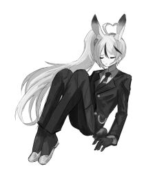 1boy ahoge animal_ear_fluff animal_ears closed_eyes closed_mouth collared_shirt commentary_request full_body gloves greyscale high_ponytail highres hubestjoa kemonomimi_mode korean_commentary library_of_ruina long_hair male_focus monochrome multicolored_hair necktie pants ponytail project_moon rabbit_boy rabbit_ears shirt shoes side_ponytail simple_background solo standing streaked_hair suit trap two-tone_hair very_long_hair white_background yan_vismok 
