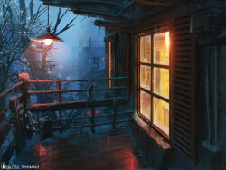  artist_name balcony blizzard blue_sky bookshelf building commentary english_commentary frost hanging_light highres industrial_pipe original outdoors railing scenery sicuvn sky snow storm tree window winter wire wooden_floor 