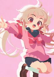  1girl blush commentary_request grey_hair highres jumping long_hair looking_down natori_sana open_mouth outstretched_arms red_eyes sana_channel skirt smile solo spread_arms sweater takarai_shunsuke twintails 