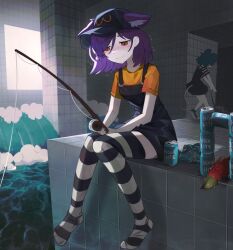 2girls :3 absurdres animal_ears aoki_buruu baseball_cap black_hat black_overalls black_thighhighs blue_hair blush can cat_ears cat_girl closed_mouth fishing fishing_rod hat highres holding holding_fishing_rod japan_(hetalia) japanese_crested_ibis_(kemono_friends) japanese_flag japanese_text monkey_girl mouse_ears mouse_girl mouse_tail multicolored_thighhighs multiple_girls orange_eyes original overall_skirt overalls parasoru_buruu purple_hair rhinoceros_ears rhinoceros_girl shirt short_hair short_sleeves sitting striped_clothes striped_thighhighs t-shirt tail thigh-highs two-tone_thighhighs water white_thighhighs yellow_shirt