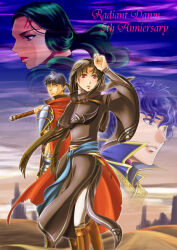  1girl 3boys almedha anniversary batoru_hiroko blue_eyes blue_hair boots commentary_request copyright_name english_text facial_mark fire_emblem fire_emblem:_radiant_dawn forehead_mark headband ike_(fire_emblem) knee_boots long_hair male_focus multiple_boys over_shoulder pelleas_(fire_emblem) short_hair soren_(fire_emblem) sword sword_over_shoulder weapon weapon_over_shoulder 