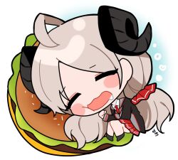  1girl ahoge black_jacket black_shoes blue_archive blush_stickers bunnyjiry_(jirynyang) burger chibi chibi_only closed_eyes collared_shirt commentary double_horizontal_stripe drooling english_commentary food full_body grey_hair hair_ornament hair_scrunchie heart izumi_(blue_archive) jacket long_hair long_sleeves lying miniskirt necktie on_side open_mouth parted_bangs pleated_skirt red_necktie red_scrunchie red_skirt scrunchie shirt shoes signature simple_background skirt sleeping smile solo striped_clothes striped_skirt very_long_hair white_background white_shirt 