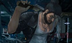  1boy absurdres beard black_eyes black_hair black_jacket chain chain_necklace chinese_commentary chinstrap_beard city closed_mouth commentary_request dog_tags facial_hair hair_bun highres holding holding_knife hua_bucheng jacket jewelry knife lips looking_at_viewer male_focus mature_male muscular muscular_male mustache necklace night outdoors over_shoulder realistic short_hair solo soul_patch tank_top upper_body weapon weapon_over_shoulder where_winds_meet white_tank_top yi_dao_(where_winds_meet) 