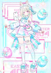  1girl :o absurdres animal_ear_fluff animal_ears arms_at_sides back_bow bare_shoulders blonde_hair blue_bow blue_bowtie blunt_bangs blush bow bowtie commentary_request cowboy_shot detached_sleeves dress easter easter_egg egg footwear_bow frilled_dress frills hair_bow hat highres http_status_code long_sleeves looking_at_viewer open_mouth original pink_bow pink_eyes pink_shoes rabbit_ears rabbit_girl shoes short_dress short_hair sleeve_bow sleeveless sleeveless_dress solo striped_bow striped_bowtie striped_clothes thigh-highs wataco_coco white_dress white_hat white_sleeves white_thighhighs window_(computing) zettai_ryouiki 