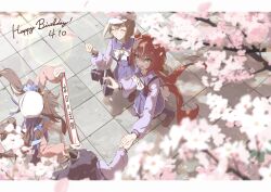  4girls absurdres animal_ears auklet5580 bag beret birthday_sash blush bow bowtie breasts brown_hair brown_shoes cardigan cherry_blossoms cheval_grand_(umamusume) closed_eyes collarbone commentary_request ear_covers ears_through_headwear feather_hair_ornament feathers green_eyes hair_between_eyes hair_ornament hat hat_belt highres holding holding_bag holding_hands horse_ears horse_girl horse_tail long_hair low_twintails multicolored_hair multiple_girls open_mouth outdoors pink_cardigan pleated_skirt purple_sailor_collar purple_serafuku purple_shirt purple_skirt purple_thighhighs red_hair sailor_collar sailor_shirt school_bag school_uniform serafuku shirt shoes siblings single_ear_cover sisters skirt small_breasts smile streaked_hair tail thigh-highs tracen_school_uniform twintails umamusume v_sisters verxina_(umamusume) vivlos_(umamusume) white_bow white_bowtie white_hat win_variation_(umamusume) 