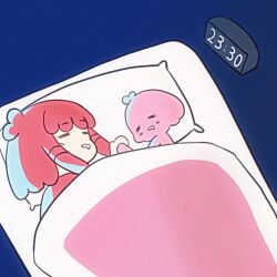 1girl antenna_hair bed blanket blush chiccha_na_watashi_(synthesizer_v) clock closed_eyes commentary_request creature digital_clock futon jacket juanmaodating kasane_teto on_bed pillow pink_hair pink_jacket short_hair sidelocks sleeping synthesizer_v under_covers utau 
