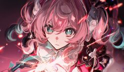  1girl aqua_eyes aqua_hair beret bright_pupils close-up closed_mouth commentary_request dress hair_between_eyes hat honkai:_star_rail honkai_(series) hyacine_(honkai:_star_rail) light_particles looking_at_viewer mg_omom multicolored_hair pink_hair red_dress red_hat serious solo twintails twitter_username two-tone_hair upper_body white_pupils 