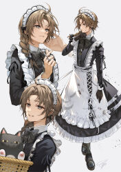  1boy absurdres ahoge apron basket black_bow black_bowtie black_dress black_gloves black_shoes bow bowtie braid braided_ponytail brown_eyes brown_hair cigarette collared_dress commentary contrast_collar crossdressing crossdressing_(mtf) dress enmaided eyelashes frilled_apron frilled_straps frills gloves grey_eyes hair_over_shoulder highres holding holding_basket holding_cigarette kanae_(nijisanji) long_dress looking_afar looking_at_viewer low_side_ponytail maid maid_headdress male_focus mole mole_under_eye multiple_views nijisanji o-ring o-ring_thigh_strap shoes side_braid side_ponytail sleeve_cuffs smoking tcb thigh_strap trap untranslatable_commentary virtual_youtuber waist_apron white_apron 