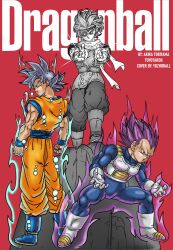  3boys absurdres aura blue_bodysuit blue_sash bodysuit copyright_name dougi dragon_ball dragon_ball_super full_body granolah_(dragon_ball) grey_hair highres male_focus multiple_boys muscular muscular_male no_eyebrows orange_pants orange_shirt pants purple_hair red_background saiyan_armor sash shirt son_goku spiky_hair standing ultra_ego_(dragon_ball) ultra_instinct vegeta violet_eyes y0zh0 