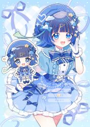  1girl :d absurdres blue_background blue_border blue_bow blue_bowtie blue_dress blue_eyes blue_hair blue_hat blunt_bangs blush border bow bowtie character_request chibi commentary_request commission copyright_request cowboy_shot dress dress_bow english_commentary frilled_bowtie frilled_dress frilled_sleeves frills gingham_background gloves hair_bow hair_ornament hairclip hand_up hat highres looking_at_viewer mixed-language_commentary multiple_views open_mouth outside_border short_dress short_hair short_sleeves skeb_commission smile wataco_coco watermark white_gloves 