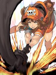  1girl absurdres alternate_muscle_size anchor backpack bag bent_over black_gloves brown_eyes brown_hair chikoinochi fingerless_gloves gloves guilty_gear guilty_gear_strive hat hat_ornament highres holding holding_weapon hood hoodie huge_weapon incoming_attack long_hair may_(guilty_gear) motion_blur muscular muscular_female newsboy_cap open_mouth orange_hoodie pirate_hat skull_and_crossbones smile solo veins weapon 