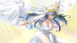  1girl absurdres blue_hair chain closed_eyes commentary crown dreamoon-q floating floating_clothes floating_hair gold_chain highres holocouncil hololive hololive_english holopromise light_rays long_hair multicolored_hair ouro_kronii ouro_kronii_(goddess) outstretched_arms solo sunbeam sunlight two-tone_hair veil virtual_youtuber 