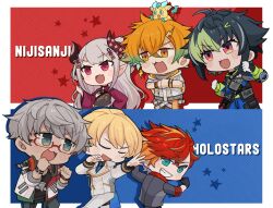  1girl 5boys :3 :d armor arurandeisu arurandeisu_(1st_costume) asymmetrical_horns black_gloves black_hair black_jacket blue_background blue_necktie blush_stickers buttons chibi chibi_only clenched_hands closed_eyes commentary_request cowboy_shot creature creature_on_head diagonal-striped_background double-breasted earrings fang fist_pump flexing glasses gloves gradient_hair green_eyes green_hair grey_hair grin hair_ornament headphones headphones_around_neck highres hizaki_gamma hizaki_gamma_(1st_costume) holostars hood hooded_jacket horns inami_rai inami_rai_(1st_costume) jacket japanese_armor jewelry kishido_temma kishido_temma_(1st_costume) lightning_bolt_earrings lightning_bolt_hair_ornament lightning_bolt_symbol long_hair mismatched_horns multicolored_hair multiple_boys naraka_(1st_costume)_(nijisanji) naraka_(nijisanji) necktie nijisanji oni orange_eyes orange_hair pants pointy_ears red-framed_eyewear red_background red_eyes short_hair skin_fang sleeves_rolled_up smile star_(symbol) striped_background teeth usami_rito usami_rito_(1st_costume) virtual_youtuber white_gloves white_jacket white_pants wide_sleeves wristband xxmabukaxx 