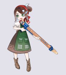  1girl alternate_species apron boots brown_boots brown_hair brown_skirt commentary eyelashes fang full_body green_apron green_eyes green_pupils grey_background hairband highres holding holding_pencil holding_weapon ketaku0404 looking_to_the_side medium_hair octoling octopath_traveler octopath_traveler:_champions_of_the_continent octopath_traveler_0 open_mouth pencil ponytail puffy_short_sleeves puffy_sleeves red_hairband shirt short_sleeves simple_background skirt smile snipewriter_(splatoon) solo splatoon_(series) splatoonification standing stia_(octopath_traveler) tentacle_hair untranslatable_commentary weapon white_shirt 