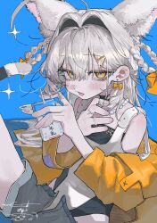  1girl 87yanagi ahoge animal_ear_fluff animal_ears bags_under_eyes bare_shoulders bead_necklace beads belt black_choker black_leotard black_shirt blue_background blush bow bow_earrings braid braided_hair_rings cat_ears cat_girl cat_tail choker drink_carton drinking_straw earrings fingernails flat_chest grey_hair grey_shorts hair_behind_ear hair_between_eyes hair_bow hair_intakes hair_ornament hair_rings hairclip hand_on_own_chest highres holding holding_drink_carton holding_milk_carton huge_ahoge jacket jewelry leotard leotard_under_clothes lips long_bangs long_eyelashes long_hair looking_at_viewer lower_teeth_only milk milk_carton mole mole_under_eye multiple_hair_bows necklace nose_shade on_floor open_fly open_mouth orange_bow orange_eyes orange_jacket original parallel_hairclips patch playing_with_own_hair ring shirt shorts signature simple_background sitting sleeveless solo sparkle strapless strapless_leotard tail tail_ornament teeth twin_braids very_long_hair white_belt white_leotard white_shirt 