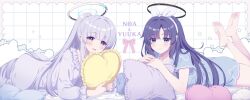  2girls alpha_(yukai_na_nakamatachi) barefoot blue_archive blue_eyes blue_pajamas character_name english_text feet_up hairband halo heart heart-shaped_pillow high_ponytail highres holding holding_pillow long_sleeves looking_at_viewer lying mechanical_halo multiple_girls noa_(blue_archive) noa_(pajamas)_(blue_archive) on_stomach pajamas pillow ponytail purple_hair purple_pajamas short_sleeves violet_eyes white_hair white_hairband yuuka_(blue_archive) yuuka_(pajamas)_(blue_archive) 