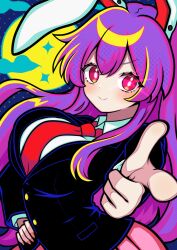  1girl :> alternate_breast_size_(larger) animal_ears black_jacket breasts buttons closed_mouth collared_shirt commentary_request cowboy_shot finger_gun fingernails floating_hair full_moon glowing glowing_eye hair_between_eyes hand_on_own_hip jacket kukurukurukuru long_fingernails long_hair long_sleeves looking_at_viewer moon nail_polish necktie night outdoors pink_skirt pleated_skirt polka_dot purple_hair rabbit_ears rabbit_girl red_eyes red_nails red_necktie reisen_udongein_inaba shirt sidelocks skirt sky smile solo star_(sky) starry_sky touhou v-shaped_eyebrows white_shirt 