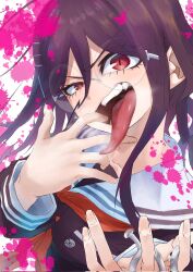  1girl amaruru0723 blood blood_splatter breath collared_shirt commentary_request corrupted_twitter_file danganronpa_(series) danganronpa_another_episode:_ultra_despair_girls fangs fingernails fukawa_toko genocider_sho glasses hair_between_eyes hair_ornament hairclip highres holding holding_scissors long_hair long_sleeves long_tongue neckerchief open_mouth pink_blood purple_hair purple_shirt red_eyes red_neckerchief round_eyewear sailor_collar scissors shirt slit_pupils solo teeth tongue tongue_out v-shaped_eyebrows white_sailor_collar 
