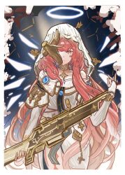  1girl absurdres ambience_synesthesia arknights bare_shoulders bridal_gauntlets closed_mouth commentary_request cowboy_shot detached_wings disembodied_hand dress gold_collar gun halo highres holding holding_weapon huanyin lemuen_(arknights) lemuen_(requiem_vesperis)_(arknights) long_hair long_sleeves looking_at_viewer official_alternate_costume one_eye_covered pink_eyes pink_hair rifle smile solo standing traditional_halo veil weapon white_dress white_halo white_veil wings 