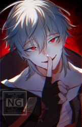  1boy artist_name backlighting black_gloves black_jacket bright_pupils caelus_(honkai:_star_rail) caelus_(vim_and_vigor)_(honkai:_star_rail) chromatic_aberration collarbone commentary cropped_torso dark_persona empty_eyes fingerless_gloves fingernails gloves grey_hair hair_between_eyes hand_up highres honkai:_star_rail honkai_(series) hood hooded_jacket index_finger_raised jacket looking_at_viewer male_focus mask nabi3838 official_alternate_costume open_clothes open_jacket open_mouth red_background red_eyes red_jacket shirt short_hair smile solo t-shirt trailblazer_(honkai:_star_rail) two-sided_fabric two-sided_jacket untranslatable_commentary watermark white_pupils white_shirt 