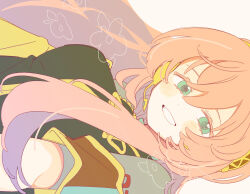  1girl armband bare_shoulders black_shirt blue_eyes blush breasts chest_jewel clenched_teeth detached_sleeves flower headset highres long_hair long_sleeves looking_at_viewer medium_breasts megurine_luka number_tattoo pink_hair shirt smile standing tattoo teeth vocaloid waniwaniwa white_background 