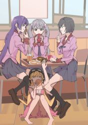  4girls black_hair blonde_hair doughnut dress drinking food goggles grey_hair hanekawa_tsubasa highres monogatari_(series) multiple_girls naoetsu_high_school_uniform oikura_sodachi oshino_shinobu pink_dress purple_hair school_uniform senjougahara_hitagi twintails usa003uni 