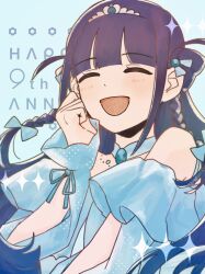  1girl :d absurdres arched_bangs arm_cutout bare_shoulders blue_background blue_bow blue_collar blue_hair blue_ribbon blush bow braid clenched_hand closed_eyes clothing_cutout collar commentary_request english_text flower_symbol frilled_sleeves frills gem gradient_hair green_gem hair_bow hair_ribbon hand_up highres jewelry kana01291 long_hair multicolored_hair necklace official_alternate_costume official_alternate_hair_color open_mouth purple_hair ribbon shoujo_kageki_revue_starlight side_braids sidelocks sleeves_past_wrists smile solo star_(symbol) tsuyuzaki_mahiru two_side_up upper_body white_tiara wrist_ribbon 