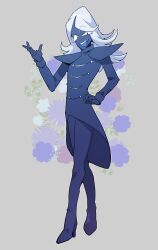  1boy blue_coat blue_gloves blue_pants blue_skin blue_tongue boots coat coattails colored_skin colored_tongue commentary_request deltarune eyelashes flipped_bangs flipped_hair floral_background flower full_body gloves grey_background hand_up high_heels komugiko_(bitte_komu) long_hair looking_at_viewer male_focus open_mouth pants pink_flower purple_flower rouxls_kaard shoulder_pads solo standing tailcoat teeth thigh_boots turtleneck turtleneck_coat upper_teeth_only utdr_(toby_fox) white_flower white_hair 