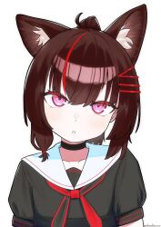  1girl absurdres animal_ear_fluff animal_ears artist_name black_choker black_neckerchief black_shirt blush brown_hair choker collarbone commentary hair_ornament hairclip highres looking_at_viewer multicolored_hair neckerchief nobreakfastpro original parted_lips pink_eyes puffy_short_sleeves puffy_sleeves red_neckerchief red_streaks sailor_collar shirt short_hair short_sleeves simple_background solo streaked_hair two-tone_neckerchief upper_body white_background white_sailor_collar 
