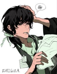  1boy beard_stubble black_coat black_hair brown_eyes character_name coat commentary ddiu0 enigma_(reverse:1999) facial_hair hand_on_own_head highres holding holding_paper holding_pen low_ponytail male_focus mouth_hold paper pen pen_in_mouth ponytail portrait reading reverse:1999 shirt short_hair solo speech_bubble squiggle stubble teeth thought_bubble white_background white_shirt 
