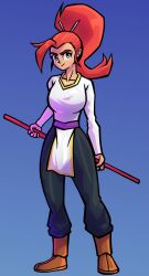  1girl ankle_boots baggy_pants black_pants blue_background bo_staff boots closed_mouth collarbone commentary_request commission full_body green_eyes high_ponytail holding holding_staff holding_weapon long_hair long_sleeves misterfronter orange_boots original pants ponytail purple_sash red_hair sash shirt simple_background smile solo spanish_commentary staff standing thick_eyebrows weapon white_shirt 
