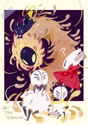  >_< 1girl ? arthropod_girl black_skin blank_eyes border character_name chinese_commentary cloak colored_skin commentary_request creature crossover english_text extra_eyes highres hollow_knight hollow_knight:_silksong hornet_(hollow_knight) kusm_p mask name_connection no_humans purple_background rain_world red_cloak slugcat the_weaver_(rain_world) watcher_(rain_world) weaver_(hollow_knight) white_border white_cloak white_eyes 